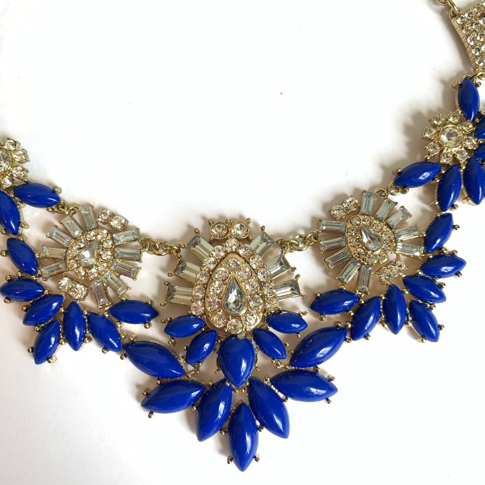 Gold Cobalt Blue Rhinestone Statement Necklace - image 2